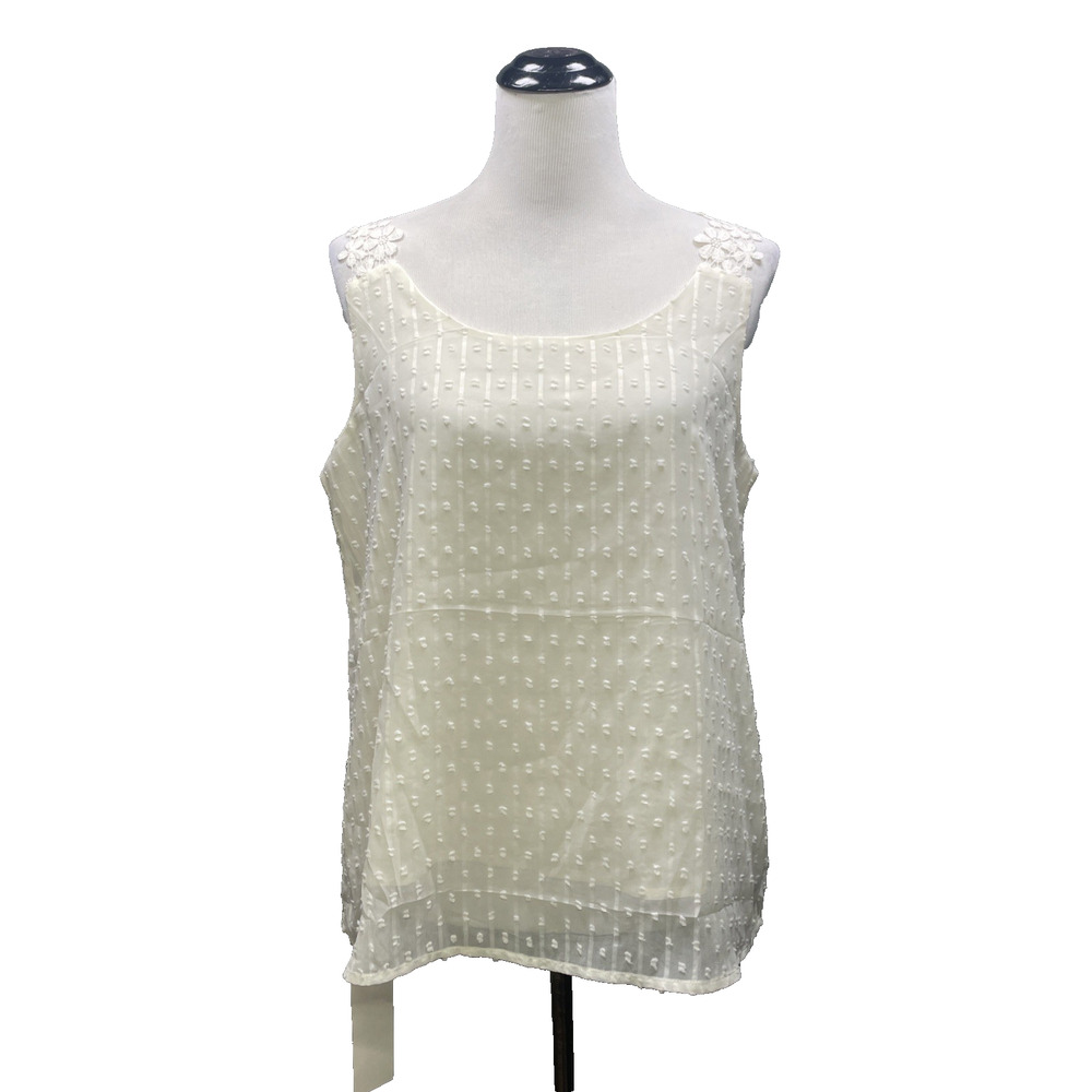 NWT Falechay Womens L Boho Swiss Dot Tank Top Chiffon Floral Lace Applique Ivory